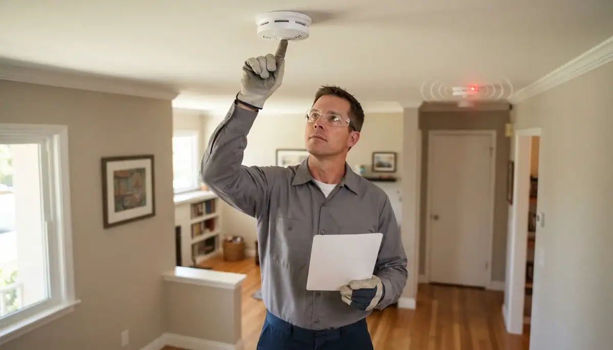 Electrician testing interconnected smoke detectors in a Santa Rosa, CA home