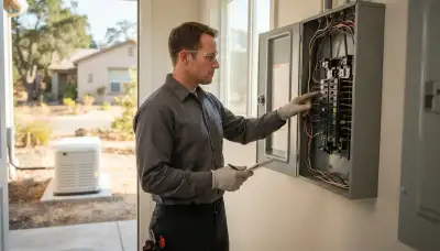 Electrician tracing essential circuits at an open panel for generator installation in Santa Rosa, CA