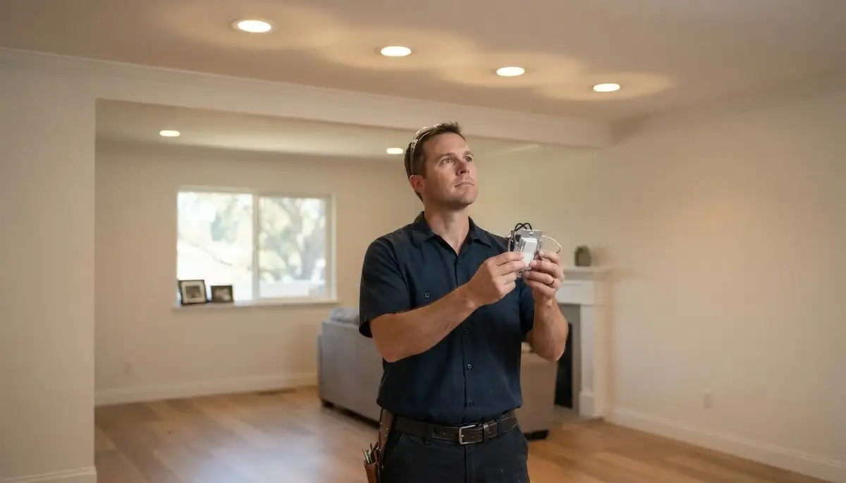 Santa Rosa electrician verifies recessed lighting beam overlap and dimmer performance in a home