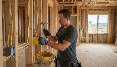Electrician installs electrical boxes and routes cable during rough-in wiring in Santa Rosa, CA