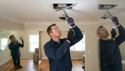 Electrician inspects ceiling box and support brace for chandelier installation in Santa Rosa, CA