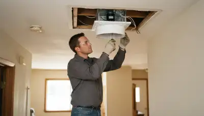Electrician installing a whole house fan ceiling unit and insulated damper in a Santa Rosa, CA home