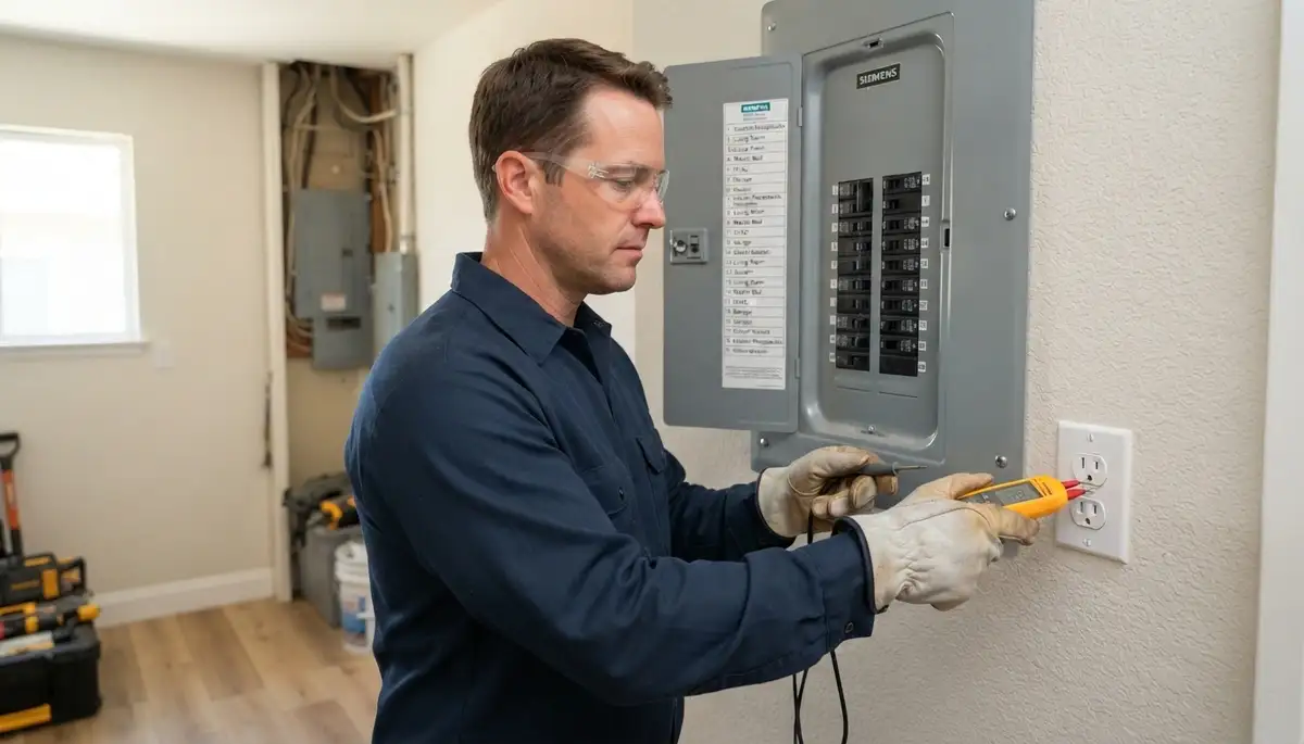 Santa Rosa electrician verifies labeled circuits with a voltage tester on an upgraded electrical panel