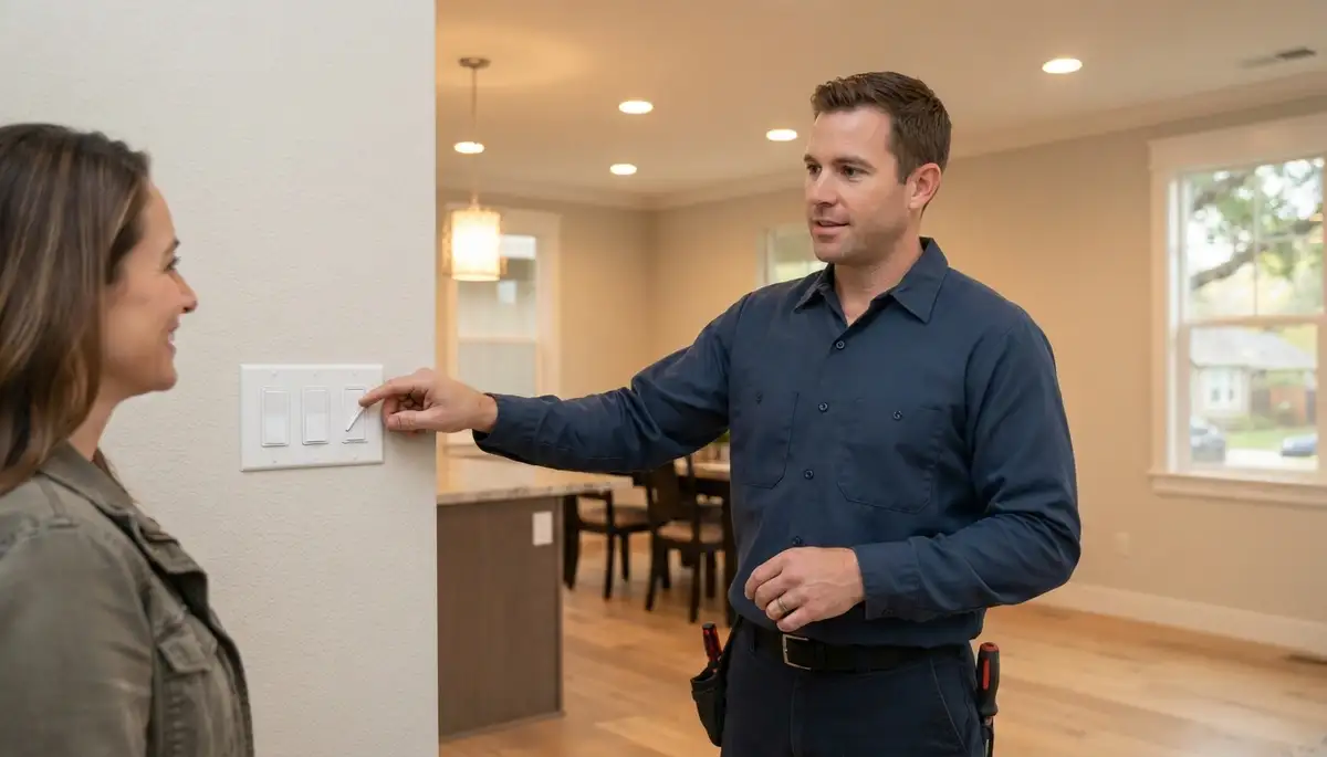Santa Rosa, CA electrician demonstrates completed lighting fixtures and dimmer controls to homeowner