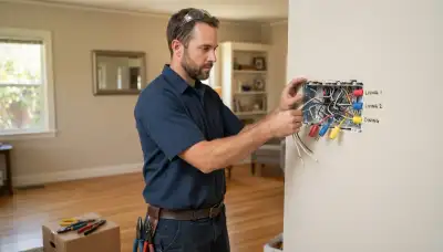 Santa Rosa, CA electrician assessing grouped conductors in an open gang box for programmable lighting control