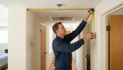 Electrician measuring smoke detector placement in a Santa Rosa, CA home hallway