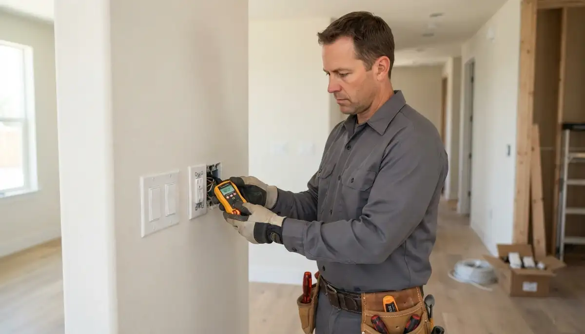 Electrician testing receptacles and switches during new construction trim-out in Santa Rosa, CA