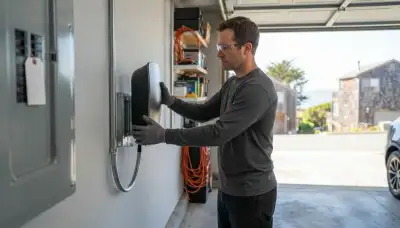 Electrician installing a Level 2 EV charger with a dedicated circuit in Bodega Bay, CA