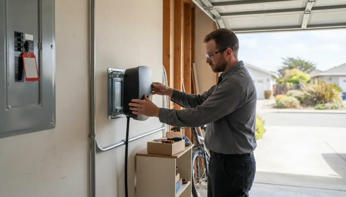 Electrician installing an EV charger with protected conduit in a Bodega, CA garage