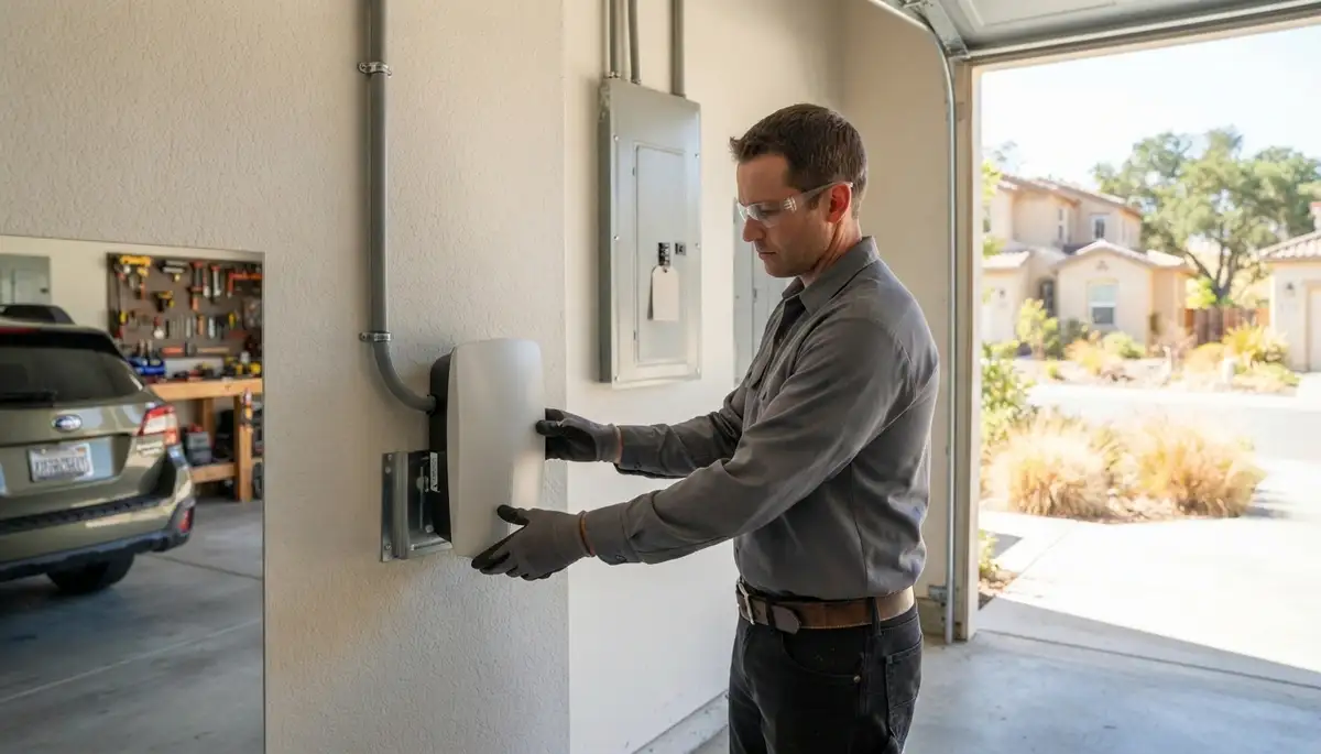 Electrician installing a 240-volt EV charger at a Calistoga, CA home