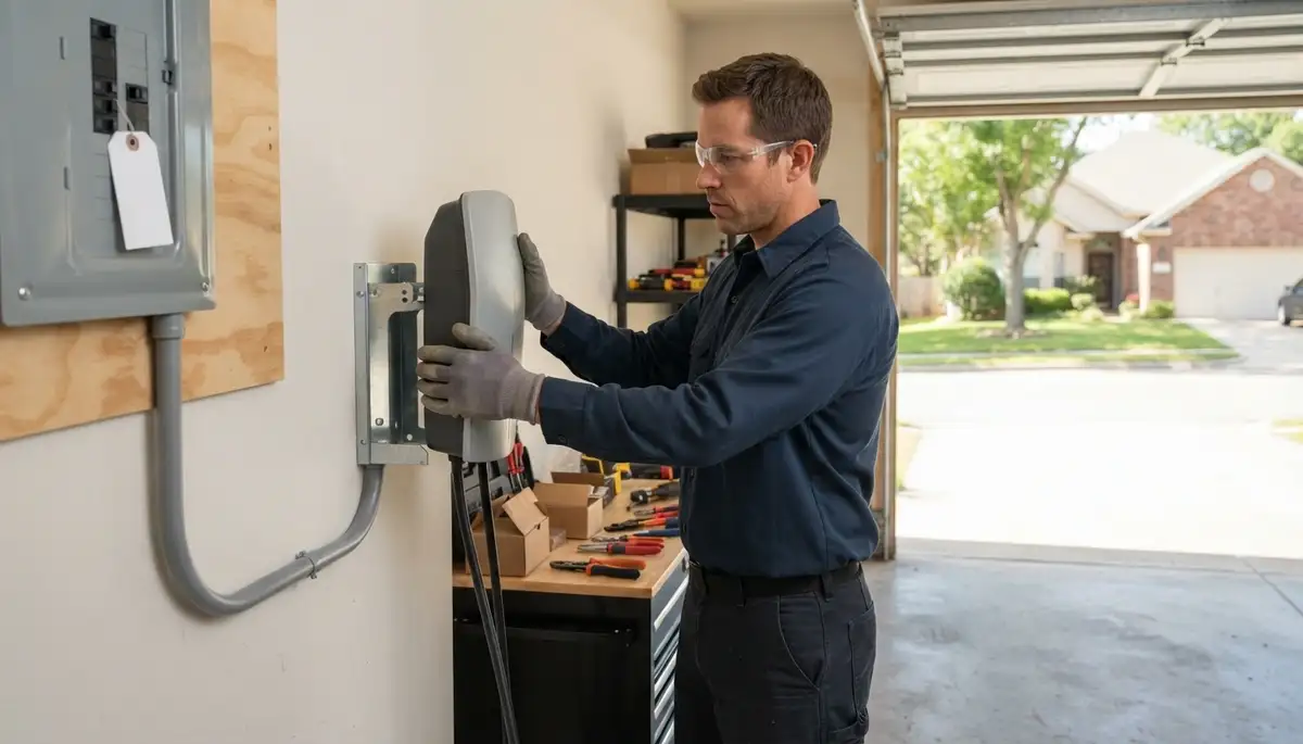 EV charger installation with wall-mounted unit, protective conduit, and dedicated breaker in Kenwood, CA