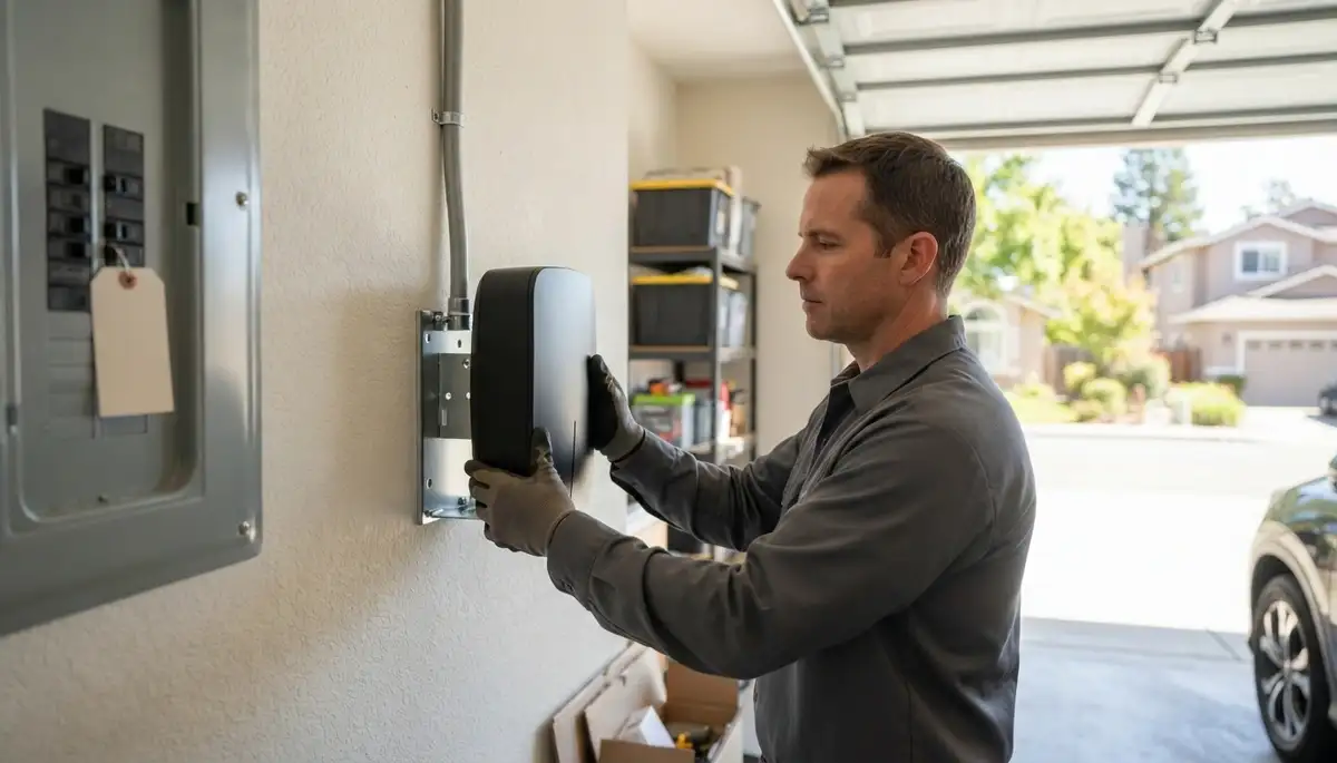 Electrician installing a Level 2 EV charger with a dedicated circuit in a Penngrove, CA garage