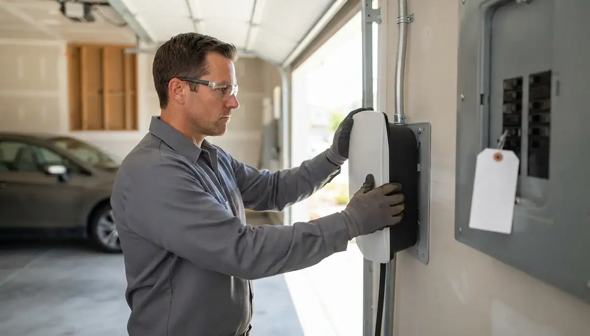 Electrician installing an EV charger circuit in a Sebastopol, CA garage