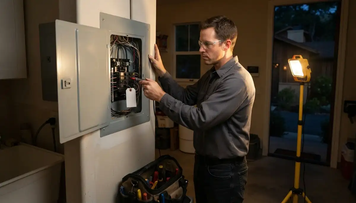 Emergency electrician diagnosing a tripped breaker in Glen Ellen, CA