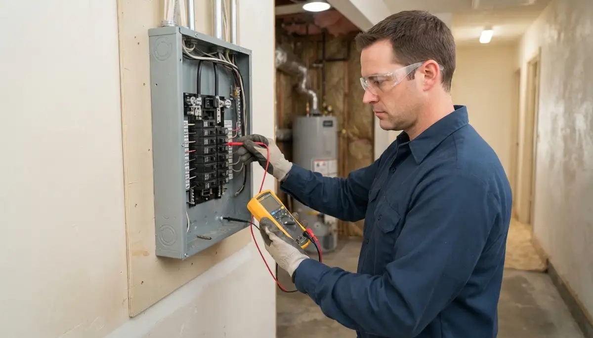 Santa Rosa electrician tests panel voltage and polarity with a multimeter after installation