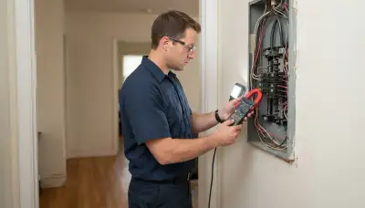 Santa Rosa, CA electrician measures circuit load with a clamp meter during a home energy audit