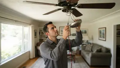 Electrician tests a ceiling fan pull-chain switch with a multimeter during repair in Santa Rosa, CA