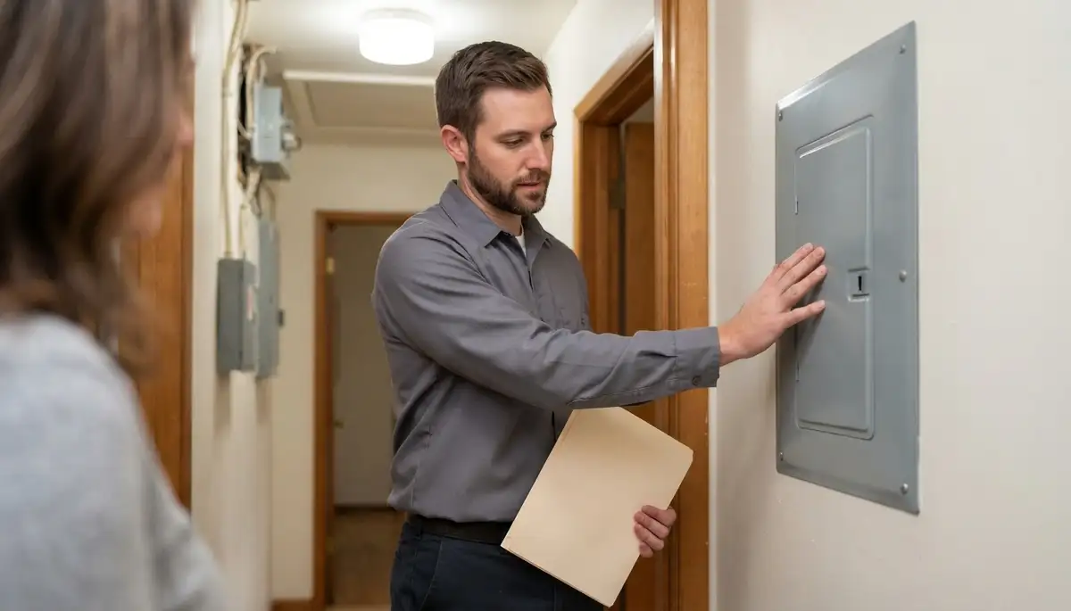 Electrician reviews prioritized home energy audit findings beside an electrical panel in Santa Rosa, CA