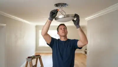 Electrician installs a ceiling lighting fixture in a Santa Rosa, CA home with circuits locked off for safety