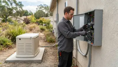 Electrician connecting transfer switch wiring to a standby generator in Santa Rosa, CA