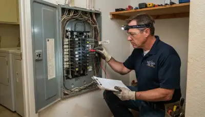 Santa Rosa, CA electrician inspecting an open panel for unprotected GFCI circuits in an older home