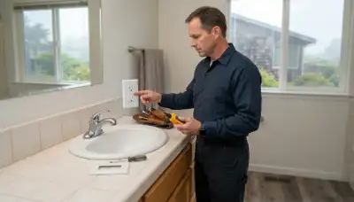 Electrician tests a GFCI outlet for ground-fault protection in a Bodega, CA bathroom