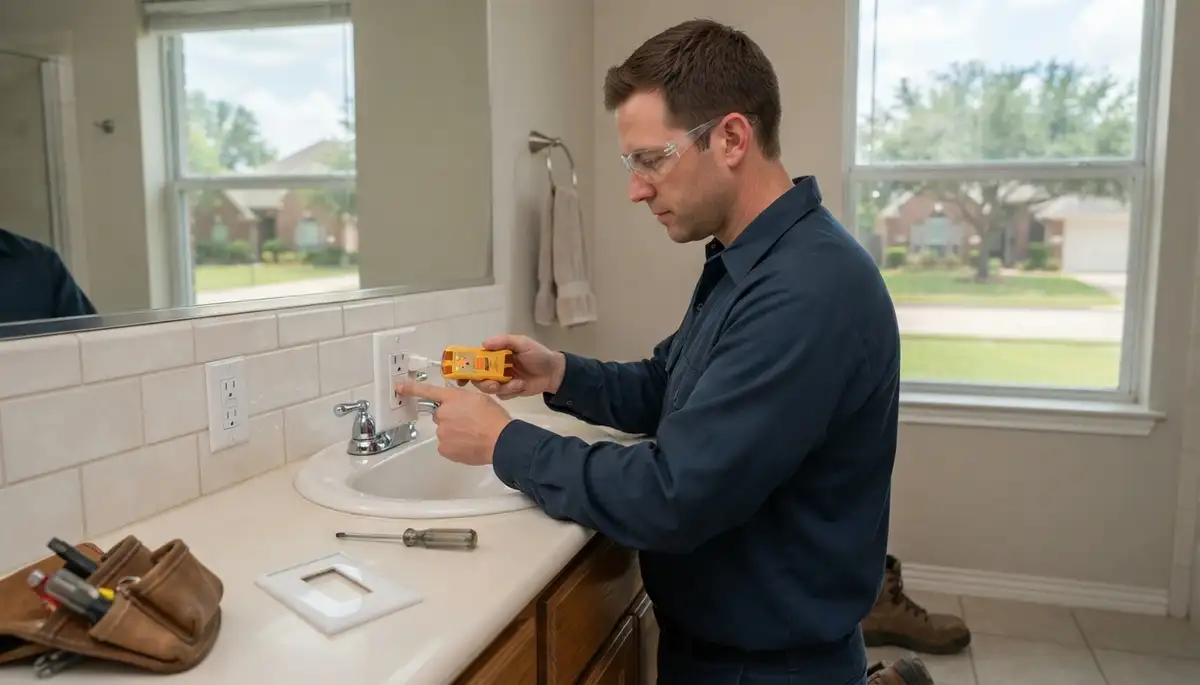 Electrician installing a GFCI outlet for bathroom and kitchen wet-area protection in Santa Rosa, CA