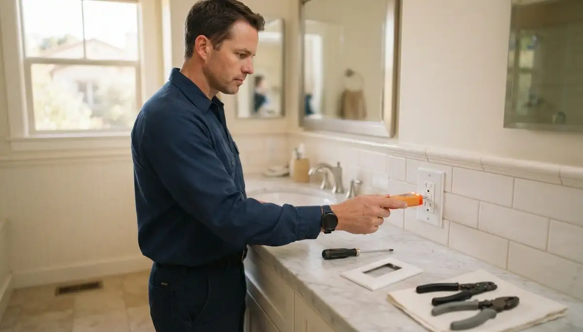 Electrician installing a GFCI outlet for wet-area protection in a Healdsburg, CA home