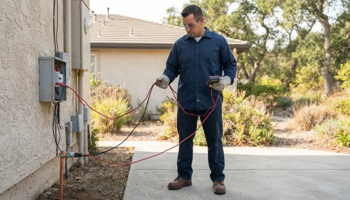 Electrician tests grounding continuity with a meter for lightning surge protection at a Santa Rosa, CA home