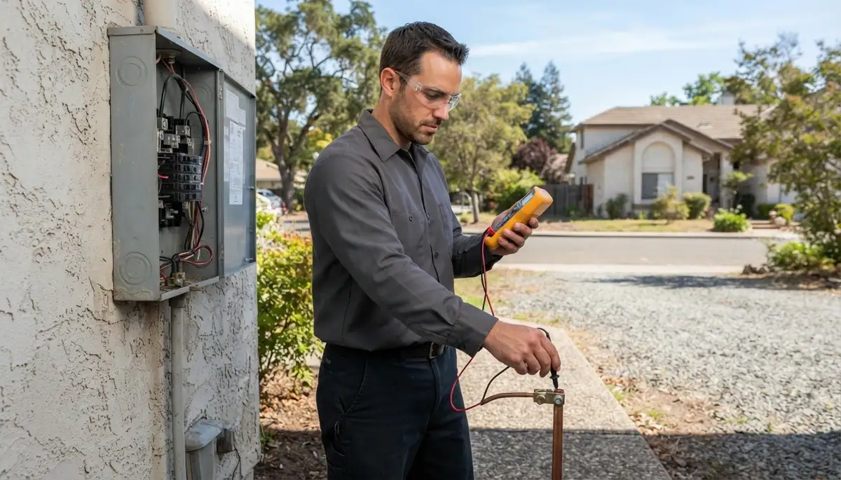 Santa Rosa electrician tests residential meter grounding and service voltage with a multimeter