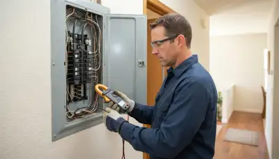Santa Rosa, CA electrician checks panel capacity with a clamp meter for a dedicated electric heater circuit