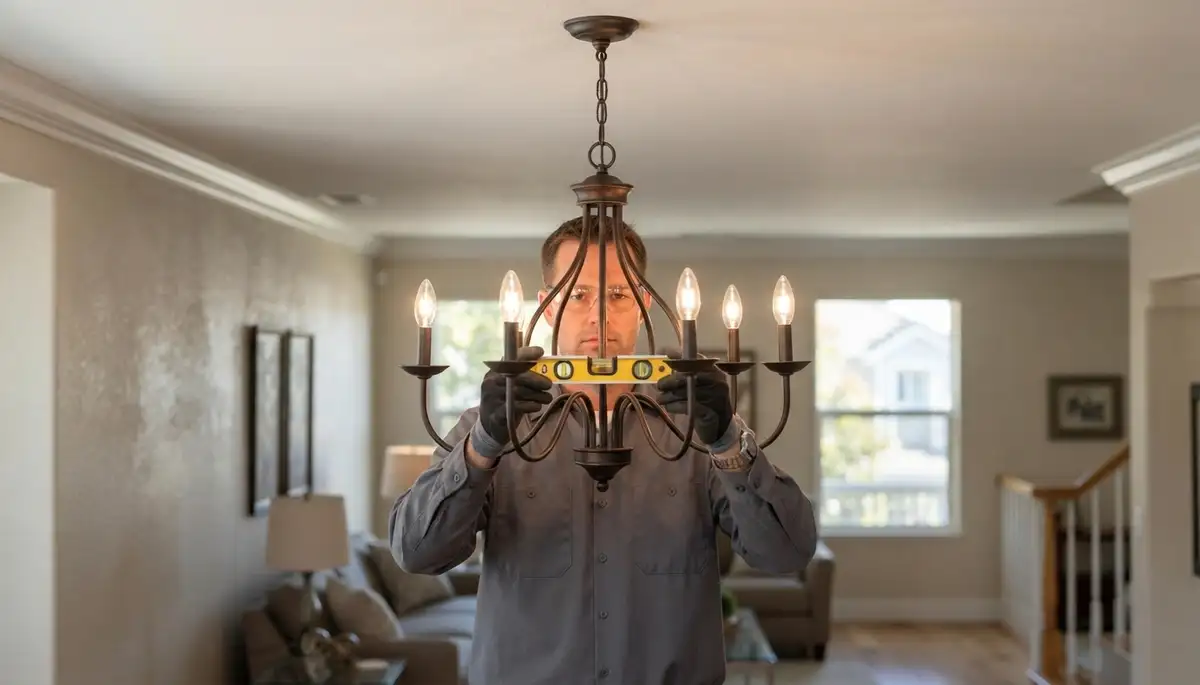 Electrician levels chandelier and tests dimmer operation in a Santa Rosa, CA dining room