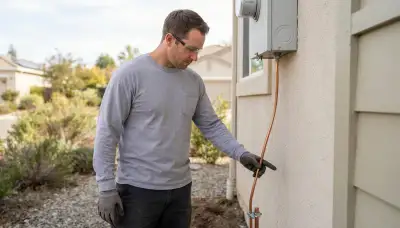 Electrician traces a grounding conductor to a ground rod during a lightning exposure assessment in Santa Rosa, CA