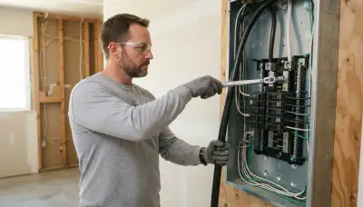 Electrician torques feeder conductors and bonds neutral and ground in a Santa Rosa, CA load center