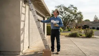 Electrician prepares motion-sensor security light installation on a Santa Rosa, CA home garage
