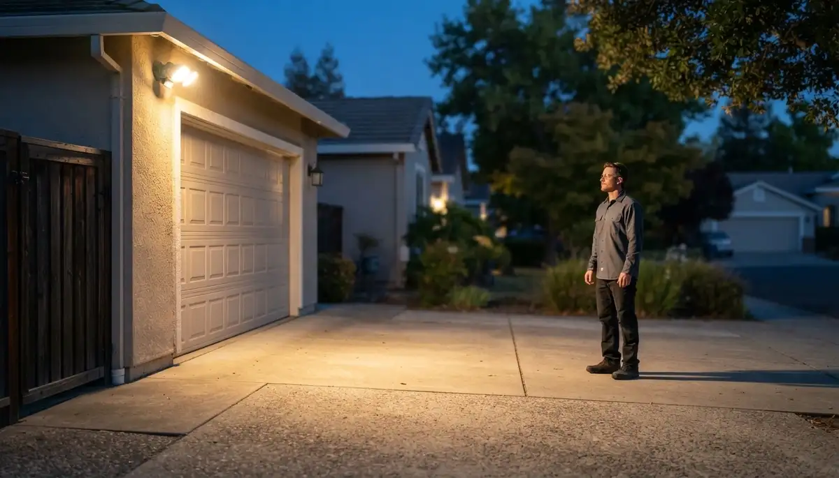 Electrician tests motion-activated security light coverage on a Santa Rosa, CA driveway at night