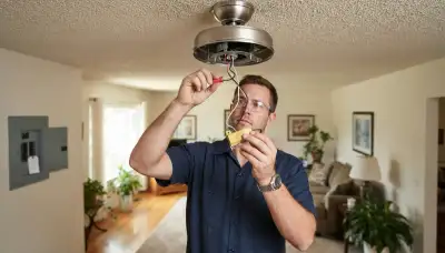 Electrician replaces a ceiling fan capacitor and reconnects wiring in a Santa Rosa, CA home