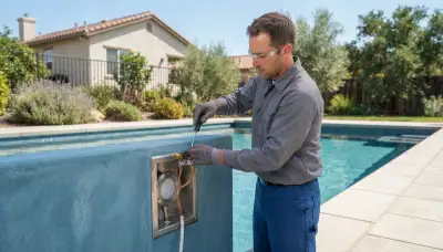 Electrician installing and bonding a replacement pool light fixture in a Santa Rosa, CA residential pool