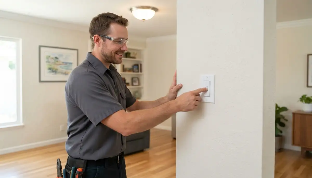 Electrician tests a repaired light switch in a Santa Rosa, CA home before completing the service.