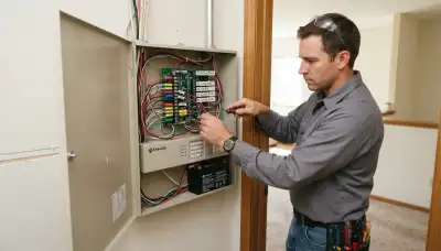 Technician terminates labeled zone wiring in a fire alarm control panel in Santa Rosa, CA