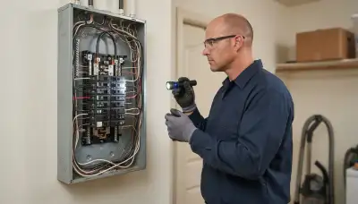 Electrician inspects open electrical panel for whole-home surge protection in Santa Rosa, CA