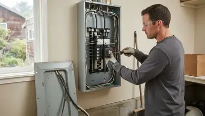 Electrician upgrading the electrical panel in an older Bodega Bay, CA home