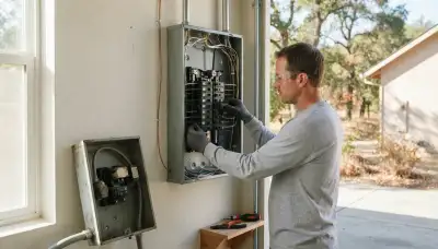 Electrician upgrading an outdated electrical panel in an older Calistoga, CA home