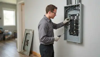 Electrician installing a 200-amp electrical panel in an older Cloverdale, CA home