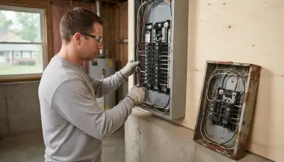 Electrician upgrading an outdated electrical panel in an older Fulton, CA home