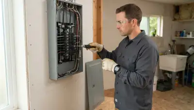 Electrician installing a new electrical panel in an older Graton, CA home
