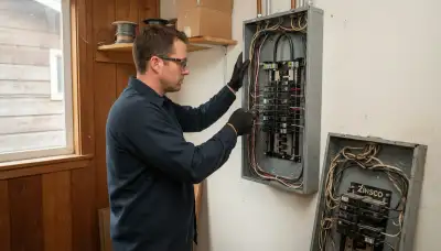 Electrician upgrading an outdated electrical panel in an older Guerneville, CA home