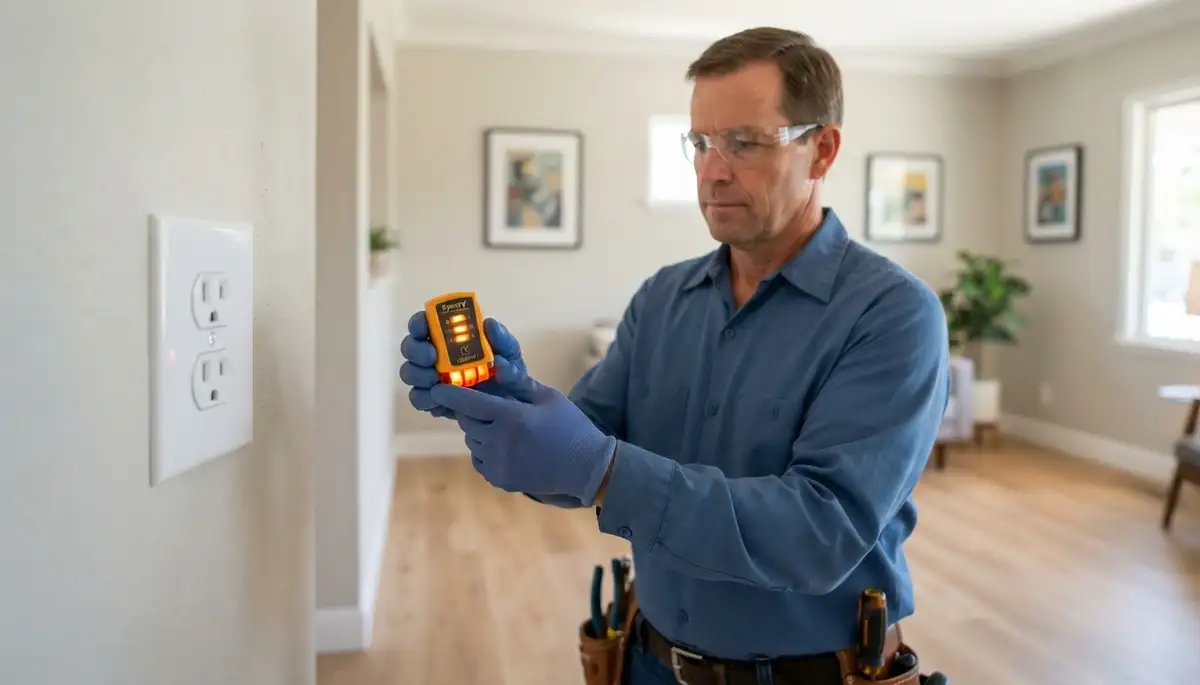 Santa Rosa, CA electrician tests repaired outlet polarity and grounding with a circuit tester