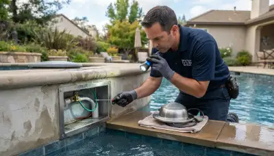Santa Rosa, CA electrician inspecting a pool light niche, bonding connection, and electrical supply