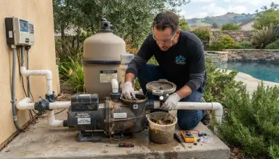 Electrician inspecting pool pump strainer basket and shaft seal in Santa Rosa, CA